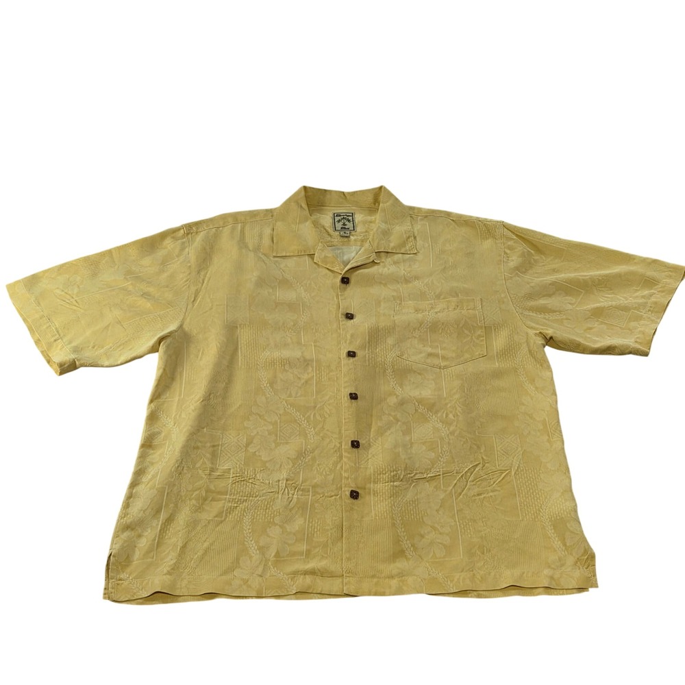 Montego Mon Silk Hawaiian Shirt‎ Men's Large Yellow Tropical Jacquard